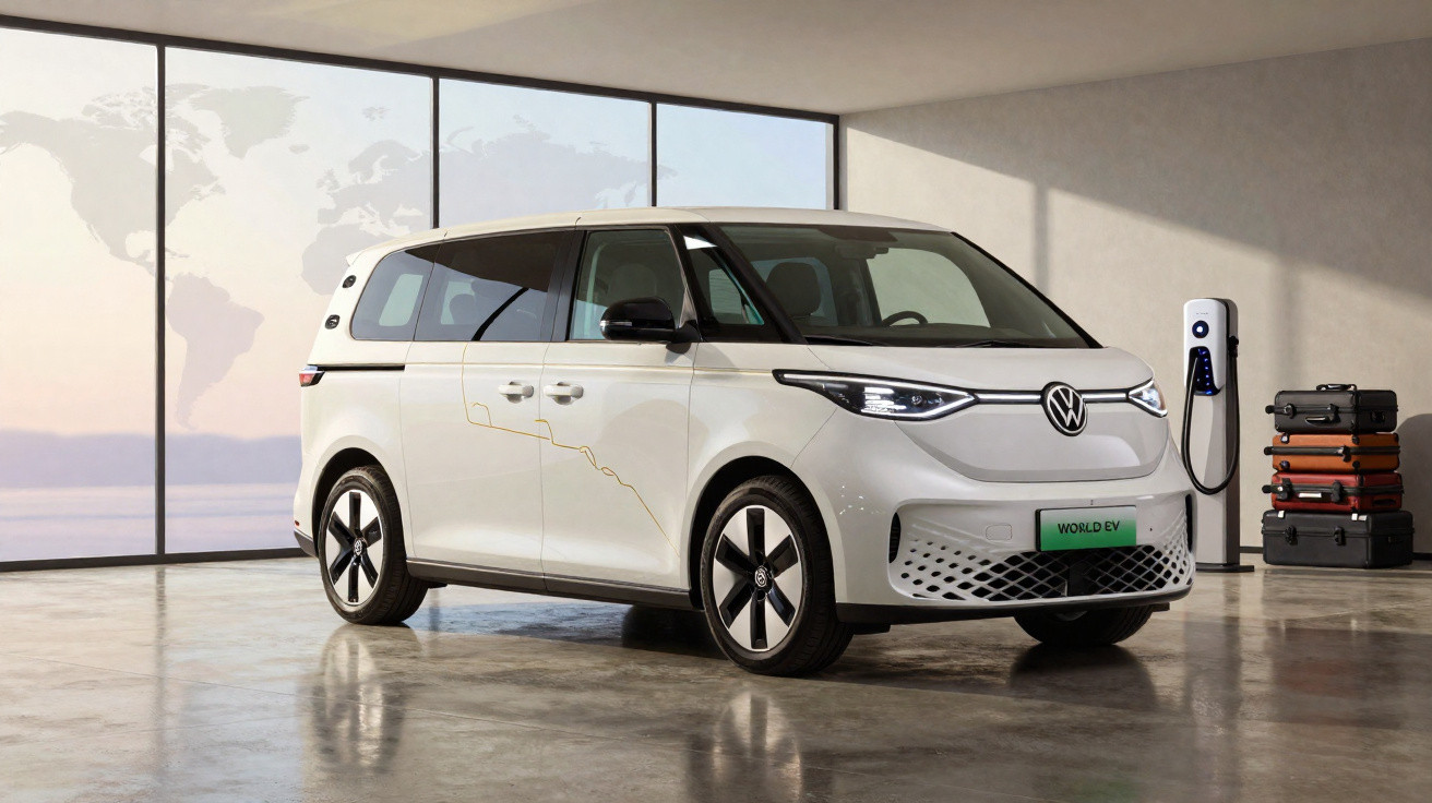 Weißer Volkswagen Elektro-Van steht neben Ladestation in modernem Raum mit Weltkarte an der Wand.