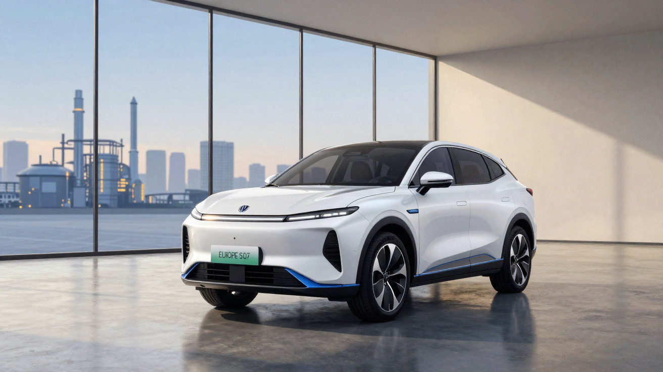 Weißes Elektroauto in moderner Glasgarage mit Stadtansicht und Industrie im Hintergrund.