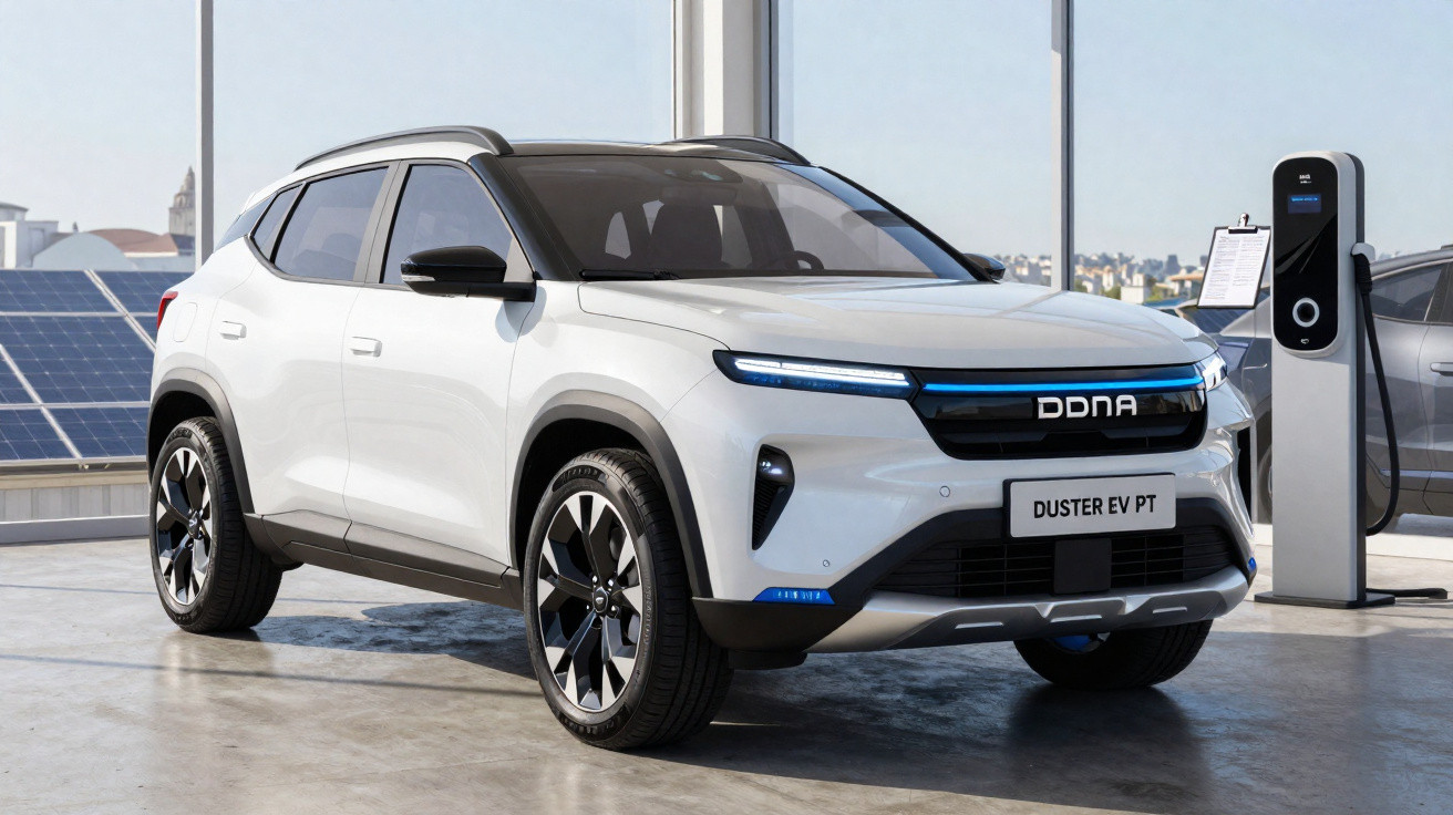 Weißer DDNA Duster EV PT Elektro-SUV an Ladestation auf sonnigem Parkplatz mit Solarpaneelen im Hintergrund.