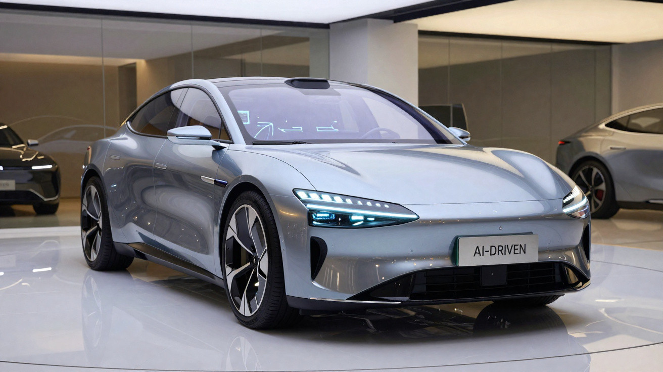 Futuristisches silbernes Elektroauto mit LED-Scheinwerfern in modernem Showroom mit KI-Antriebsschriftzug