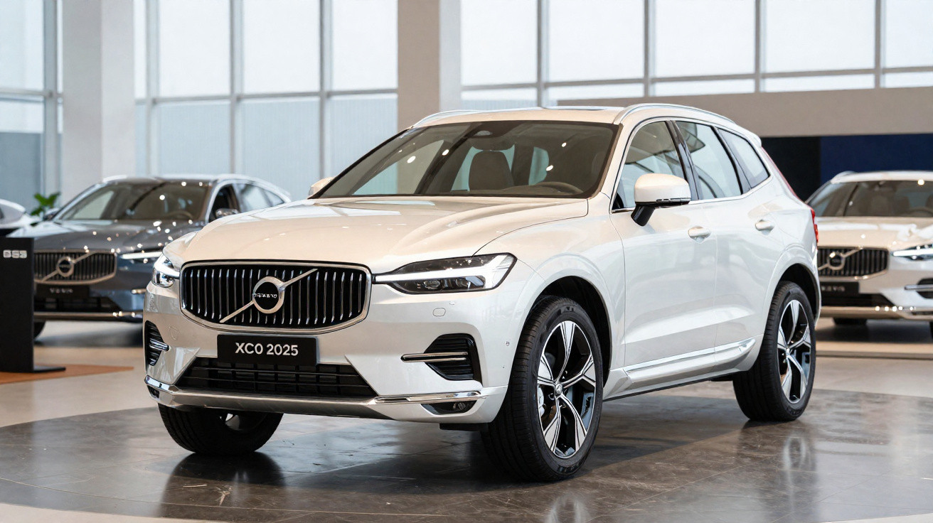 Weißer Volvo XC90 SUV 2025 Modell im Autohaus auf glänzendem Boden stehend.