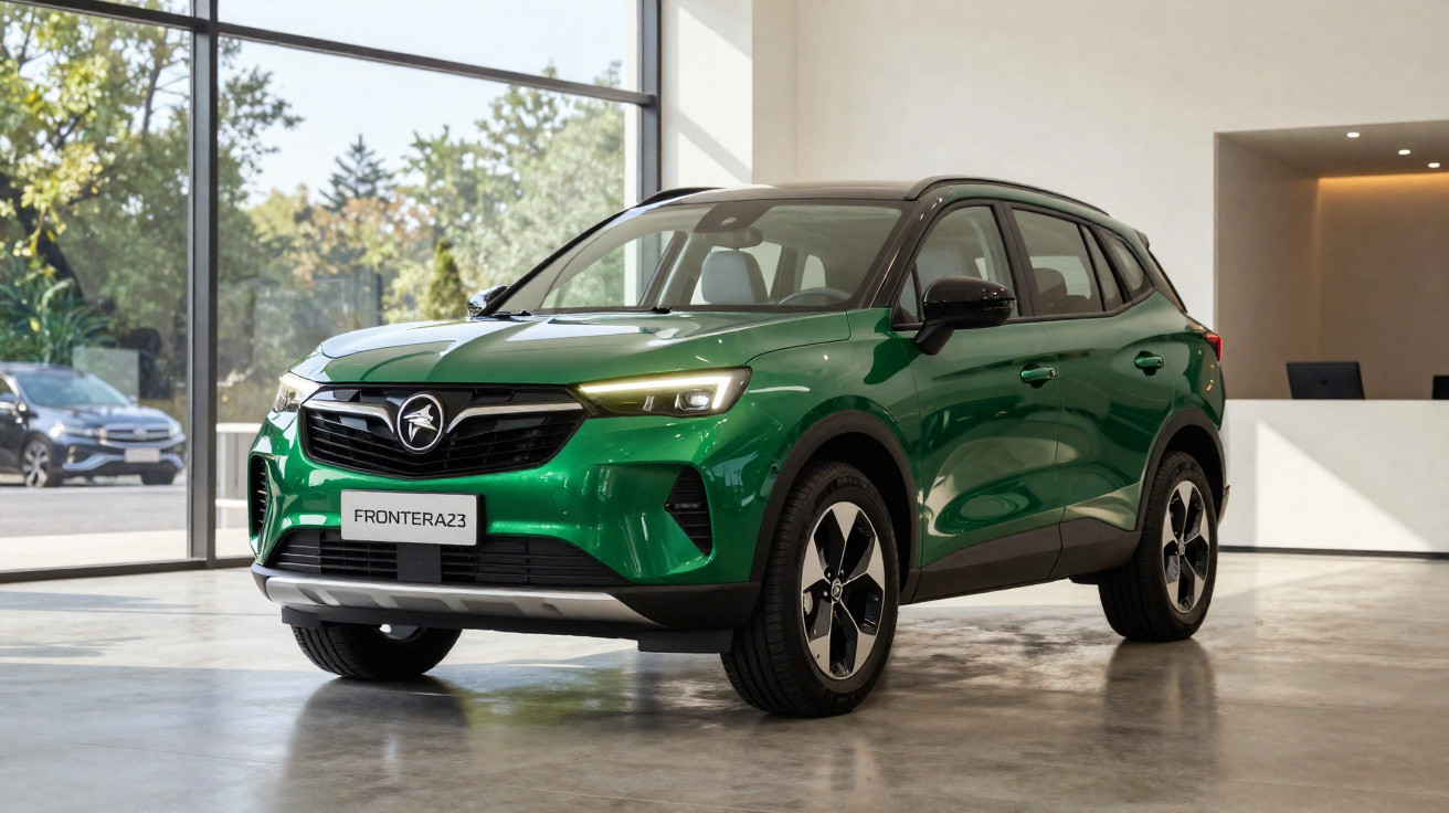 Grüner Opel Frontera 2023 SUV im Showroom mit großen Fenstern und hellem Innenraum.
