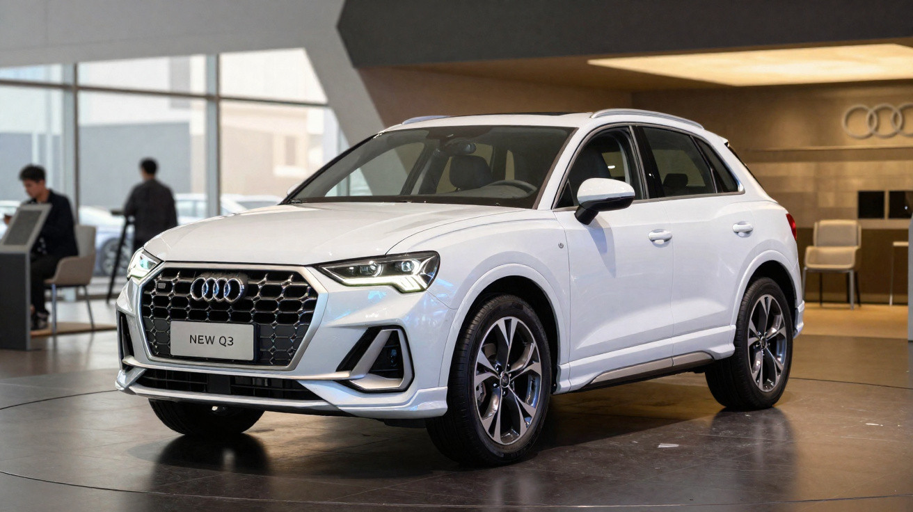 Weißer Audi Q3 SUV im Autohaus auf drehbarer Präsentationsplattform mit modernen LED-Scheinwerfern.