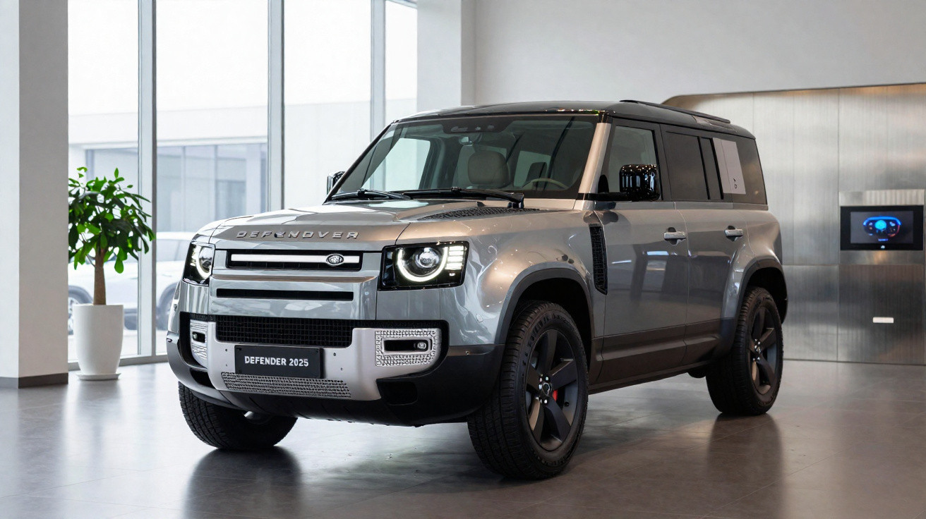 Silberner Land Rover Defender 2025 Modell steht in modernem Showroom mit großen Fenstern und Topfpflanze.