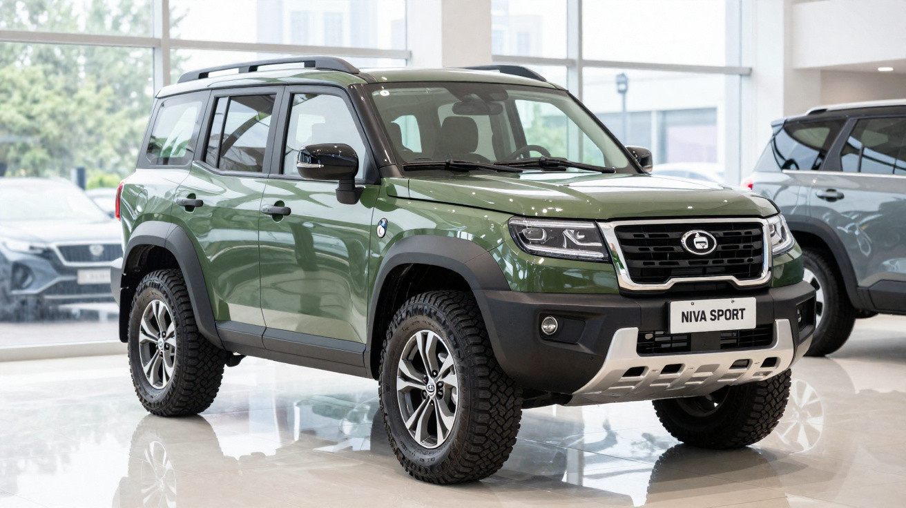 Grüner Lada Niva Sport Geländewagen mit schwarzen Akzenten in einem hellen Autohaus.