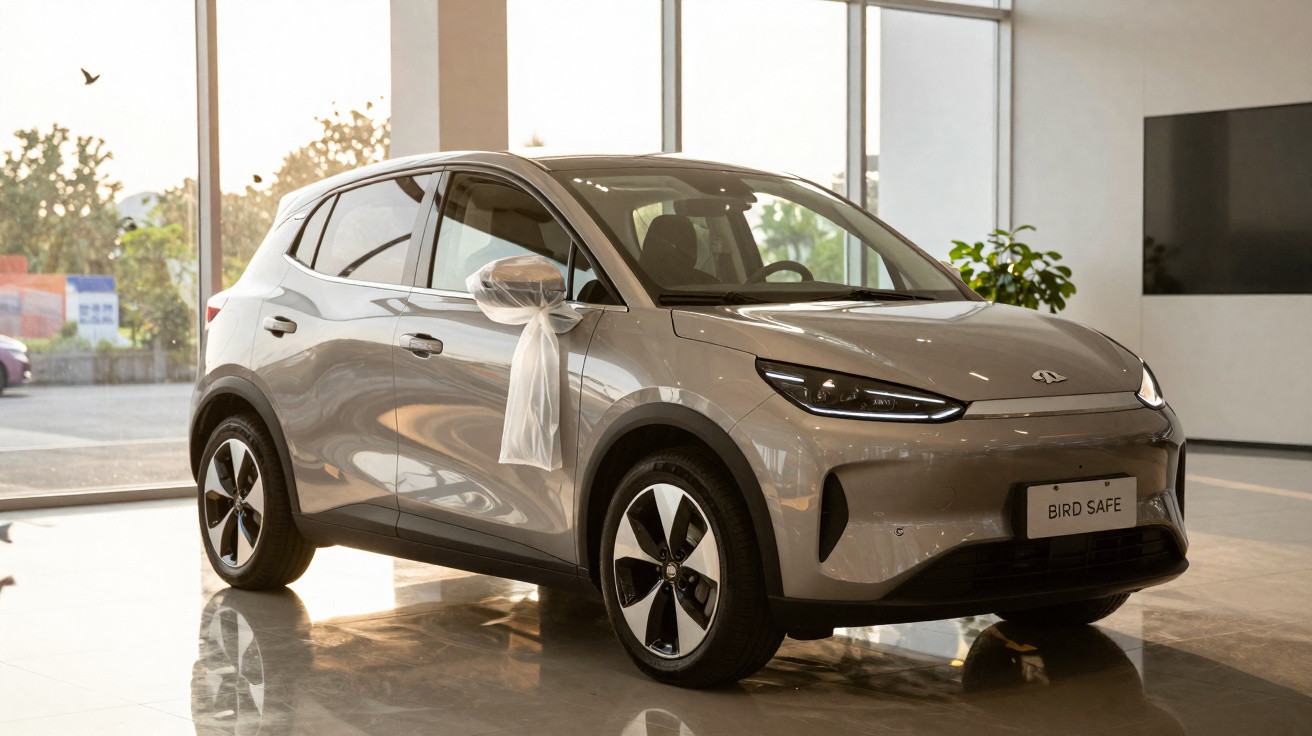 Silberner Elektro-SUV im Showroom mit Schleife am Außenspiegel und Nummernschild "BIRD SAFE".