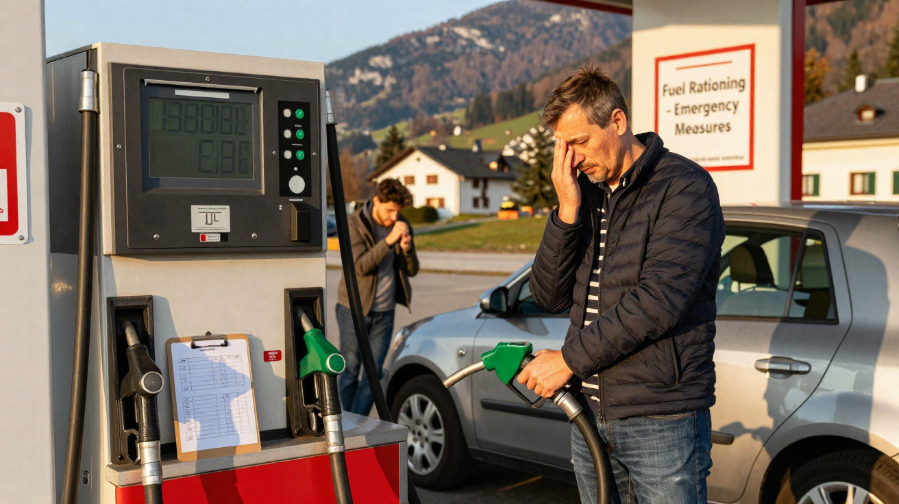 Mann an Tankstelle hält sich frustriert die Stirn, weiteres Fahrzeug und Berge im Hintergrund sichtbar.