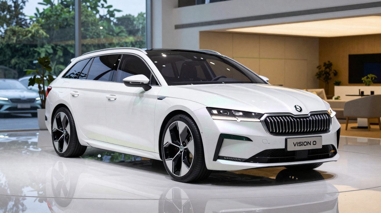 Weißer Škoda Vision 0 Kombi steht in modernem Showroom mit Glasfront und Pflanzen im Hintergrund.