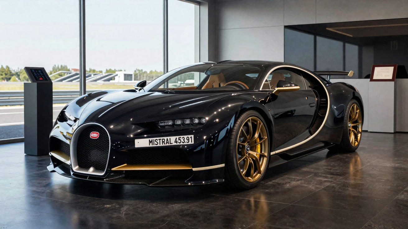 Schwarzer Bugatti Chiron mit goldenen Akzenten und Felgen in modernem Ausstellungsraum bei Tageslicht.
