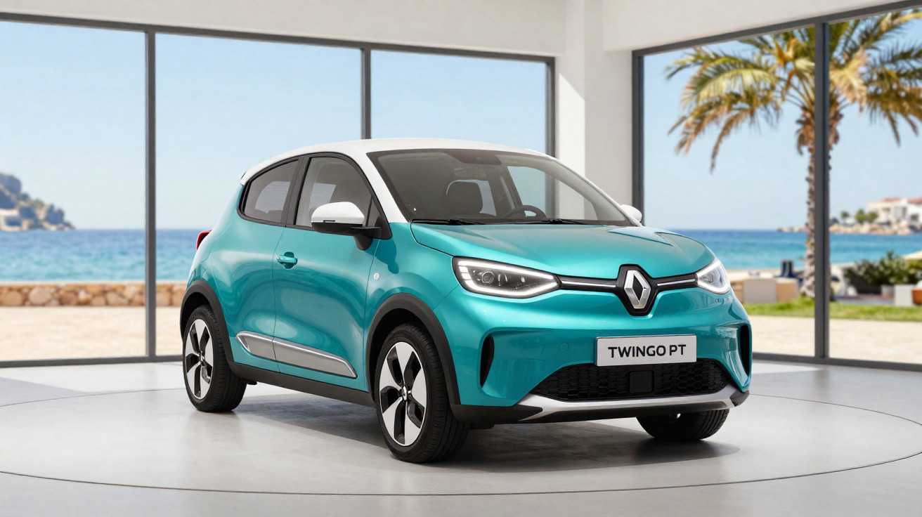 Türkisfarbener Renault Twingo PT in hellem Showroom mit Meerblick und Palmen im Hintergrund.