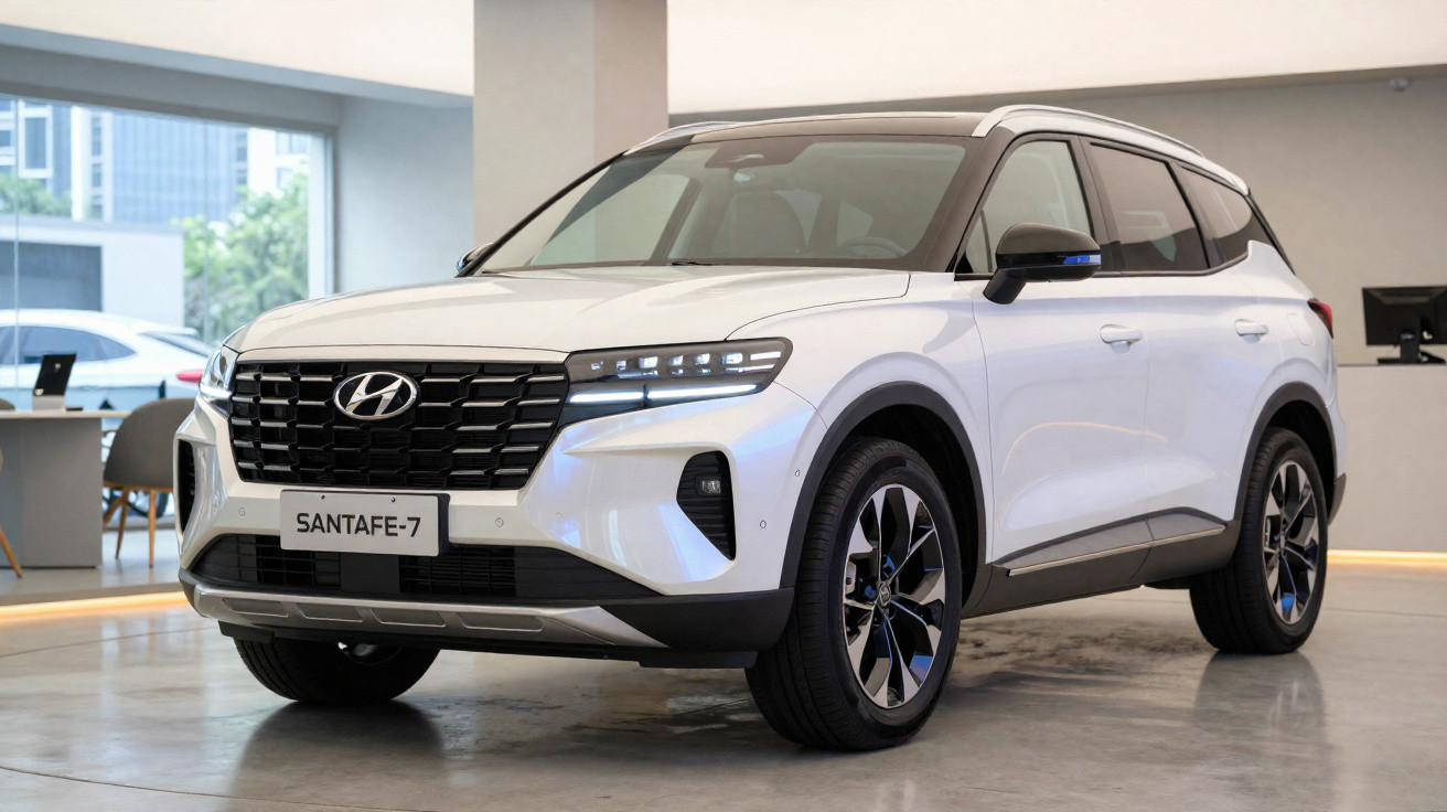 Weißer Hyundai Santa Fe-7 SUV im modernen Showroom von vorne rechts sichtbar.