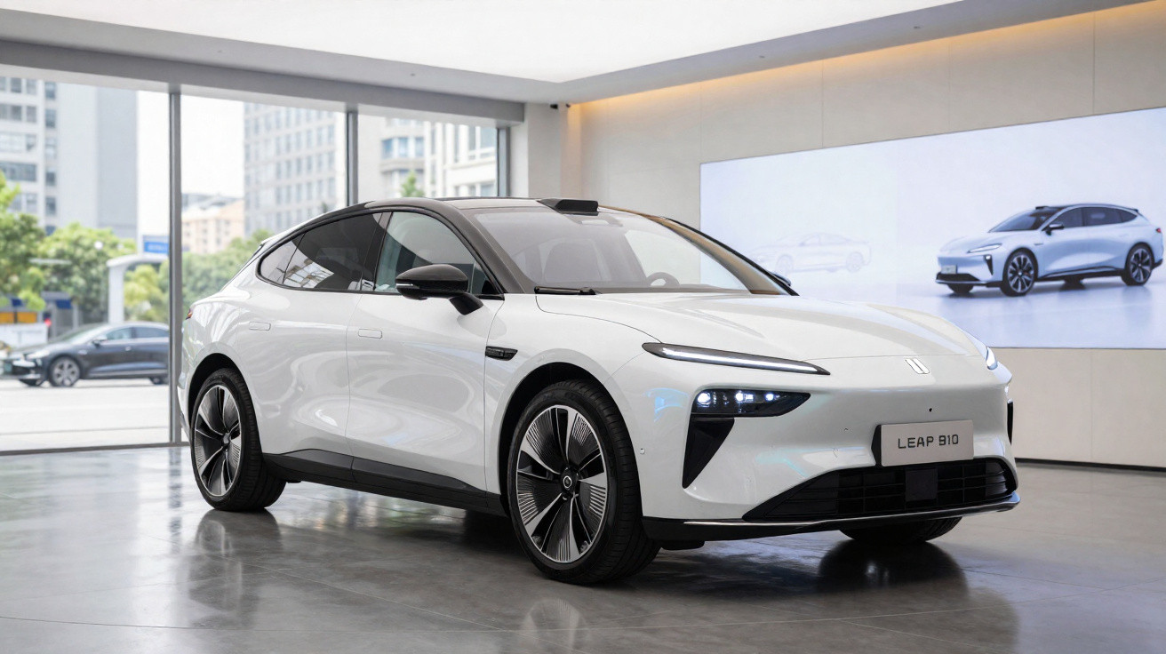 Weißes Elektroauto Leap 810 in moderner Ausstellungshalle mit Glasfront und digitaler Präsentation im Hintergrund.