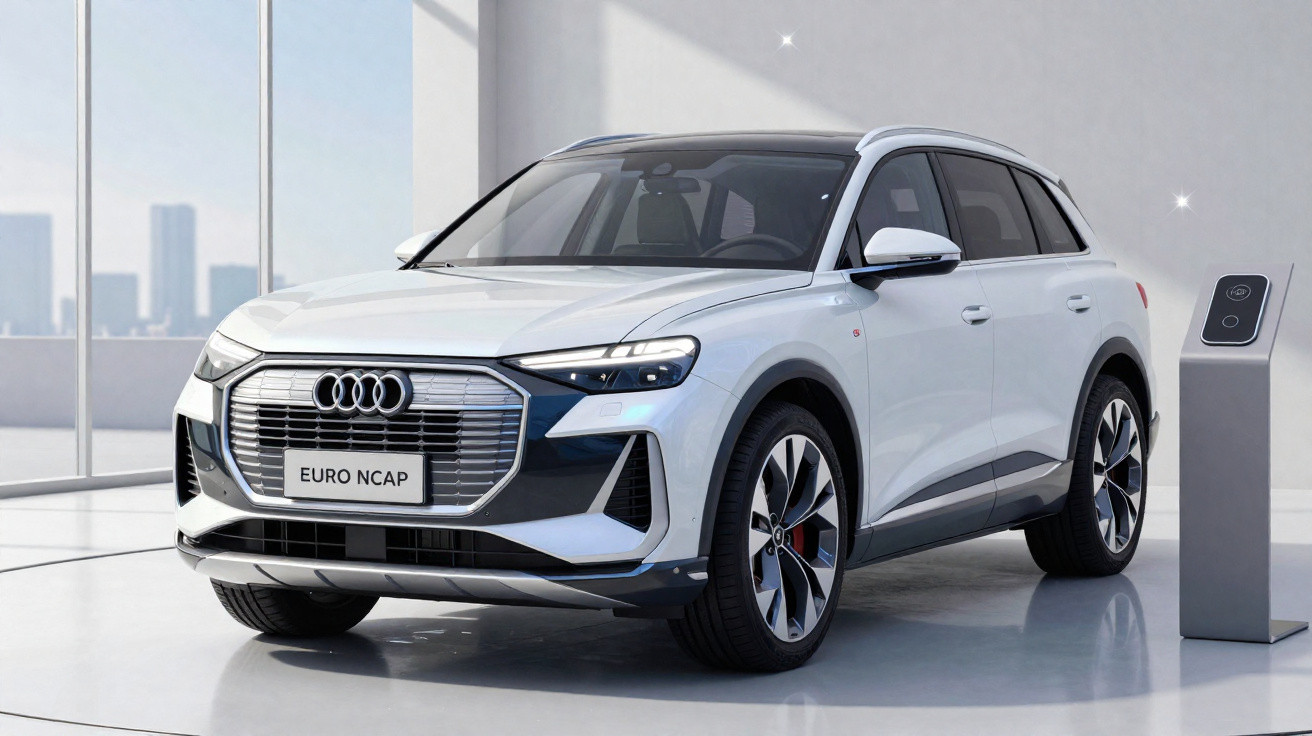 Weißer Audi Elektro-SUV in modernem Showroom neben Ladestation mit Euro NCAP Nummernschild.