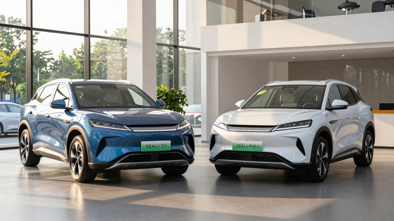 Zwei moderne Elektro-SUVs in Blau und Weiß in einem hellen Autohaus mit großen Fenstern.