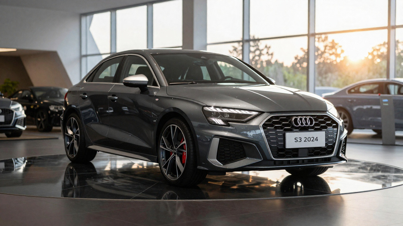 Audi S3 2024 in Dunkelgrau auf Drehscheibe in modernem Autohaus mit großer Fensterfront.