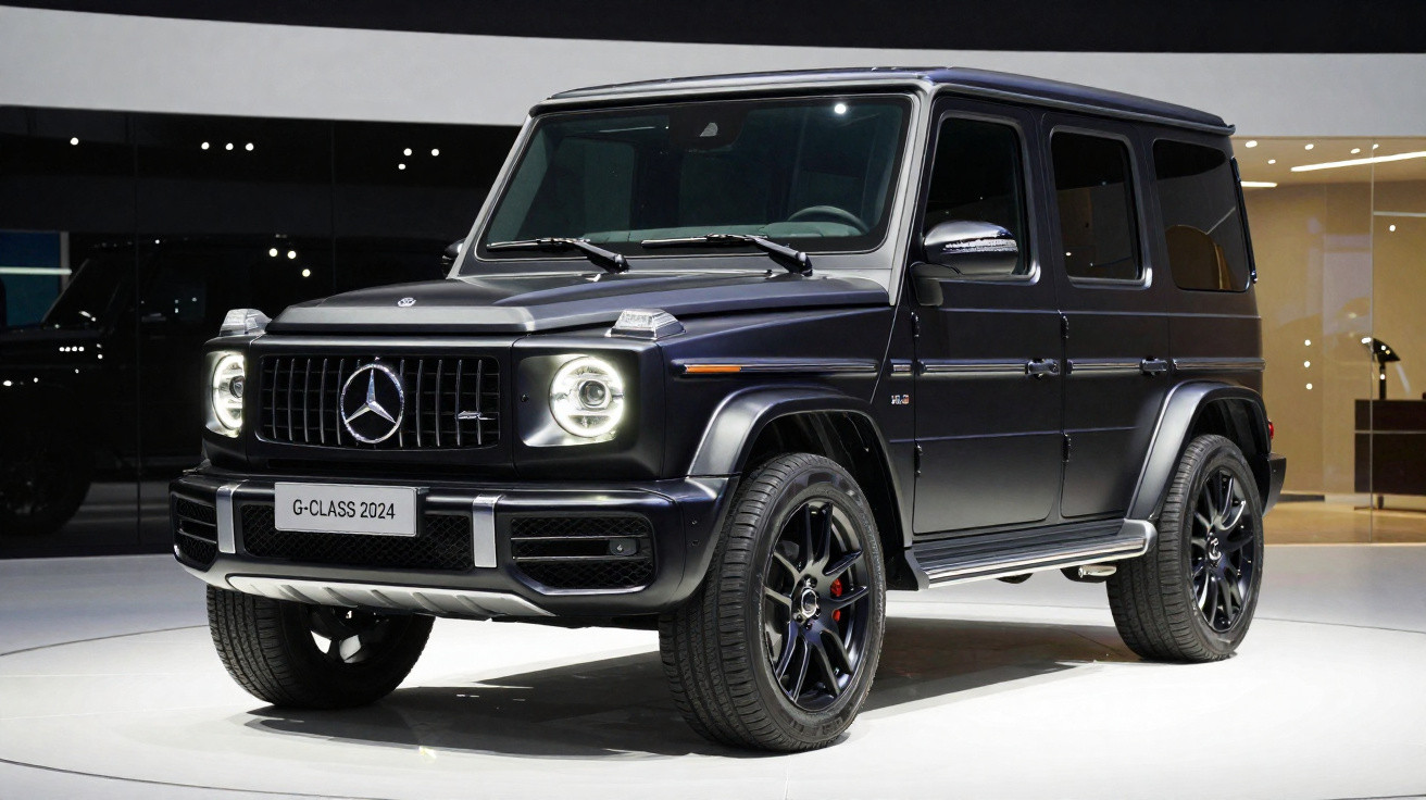 Schwarzer Mercedes G-Klasse 2024 mit beleuchteten Scheinwerfern in Ausstellungshalle.