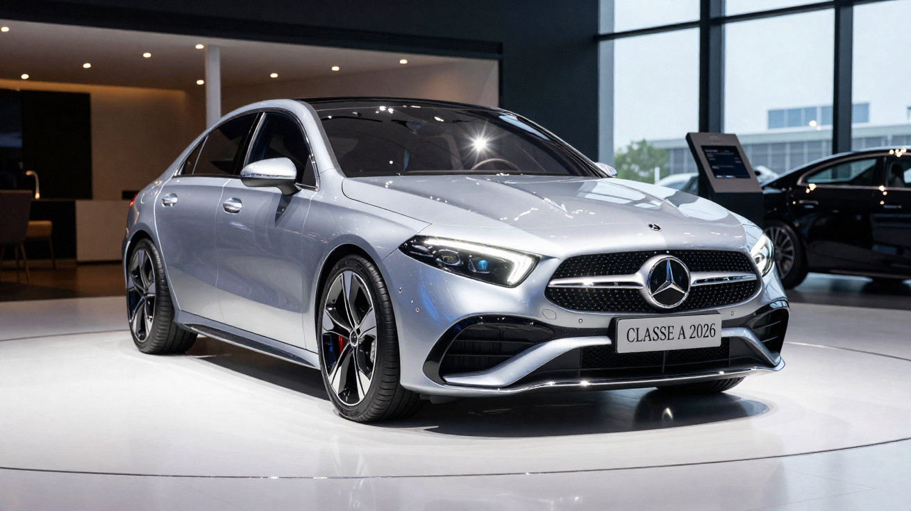 Silberner Mercedes-Benz Classe A 2026 in moderner Autoausstellung mit LED-Scheinwerfern und sportlichem Design.