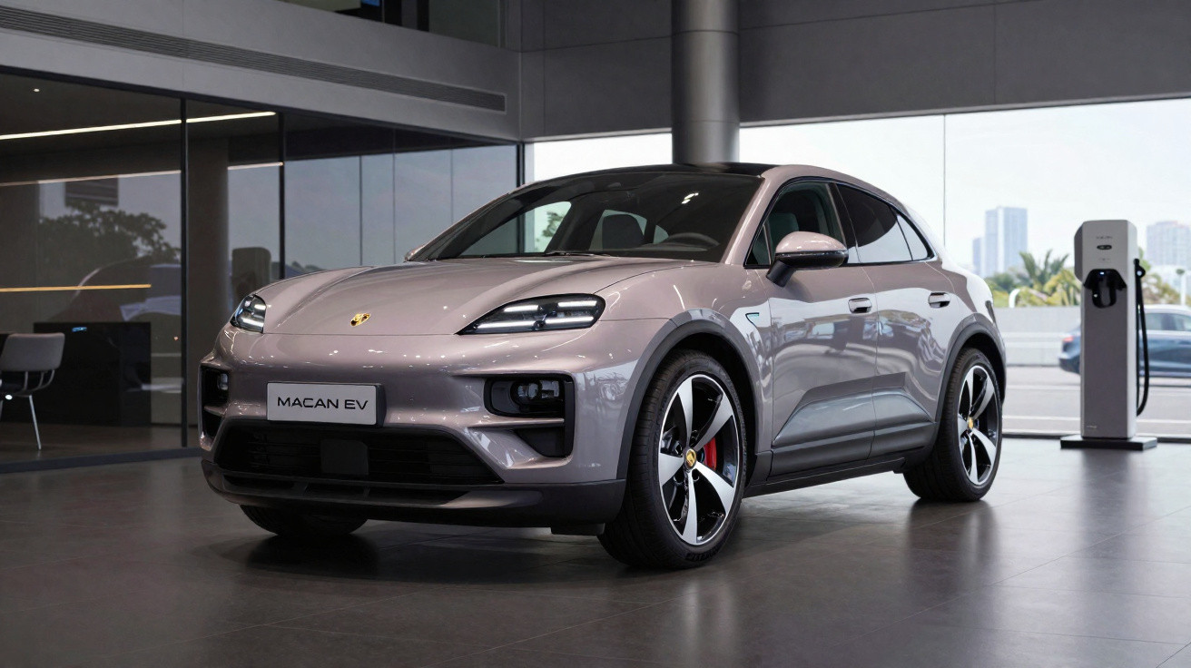 Silberner Porsche Macan EV Elektro-SUV in einem modernen Showroom neben einer Ladestation.