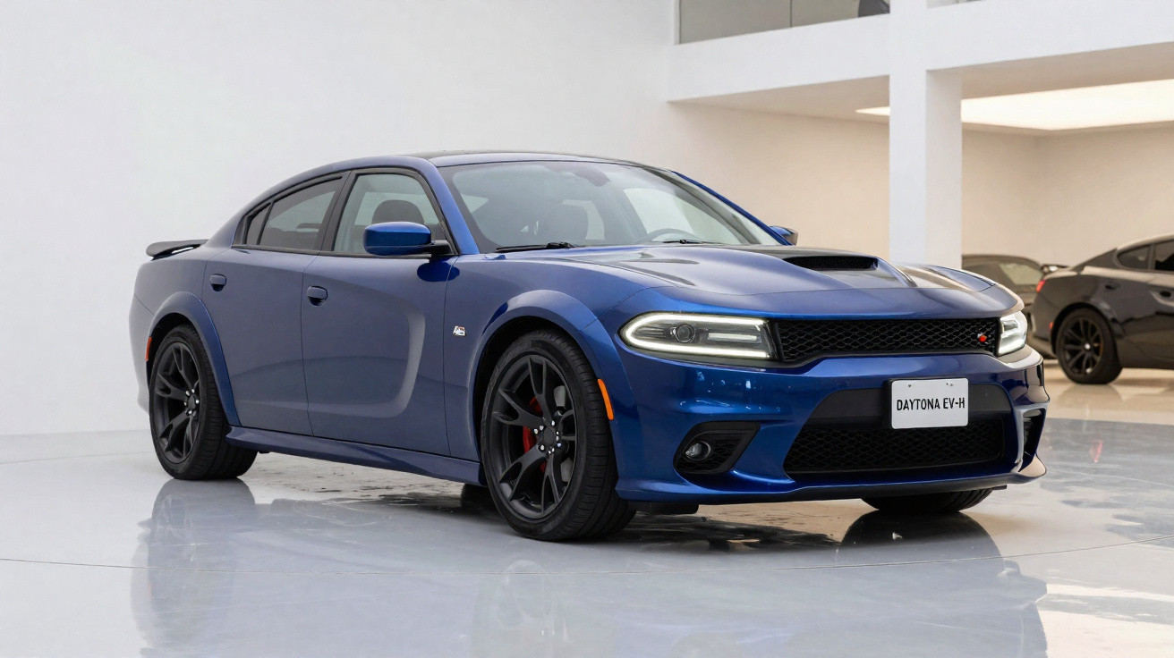Blauer sportlicher Dodge Charger Daytona EV-H in einem weißen Showroom, Front- und Seitenansicht.