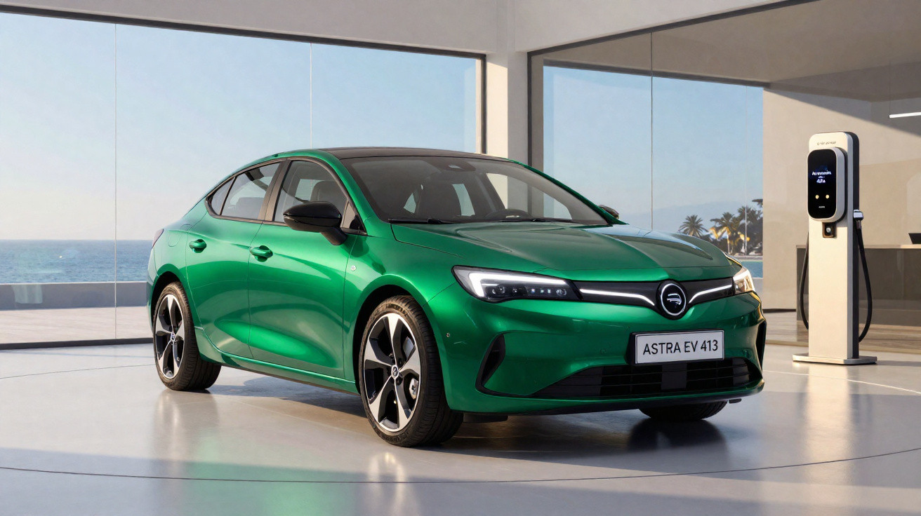 Grüner Opel Astra EV 413 Elektroauto in modernem Raum neben Ladestation vor Meeresblick.