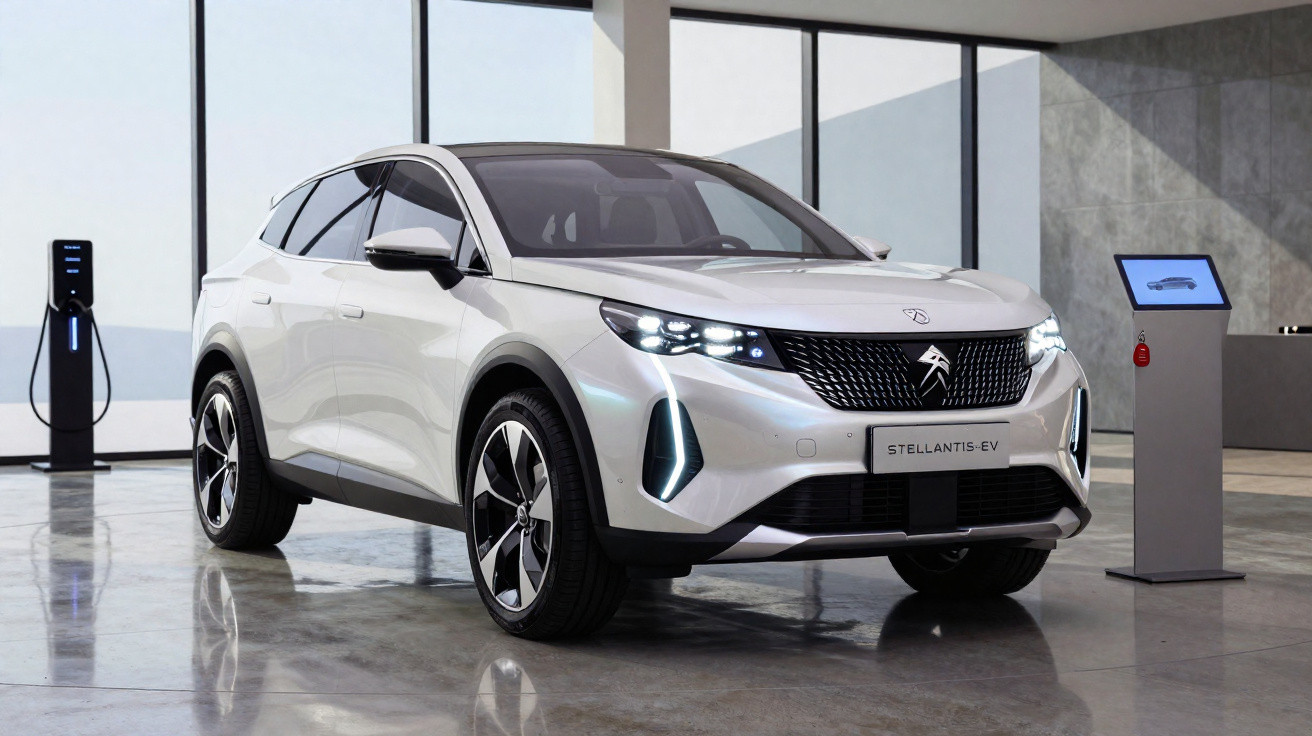 Weißes Elektromodell des Stellantis EV SUV in modernem Showroom mit Ladestation und Informationsstand.