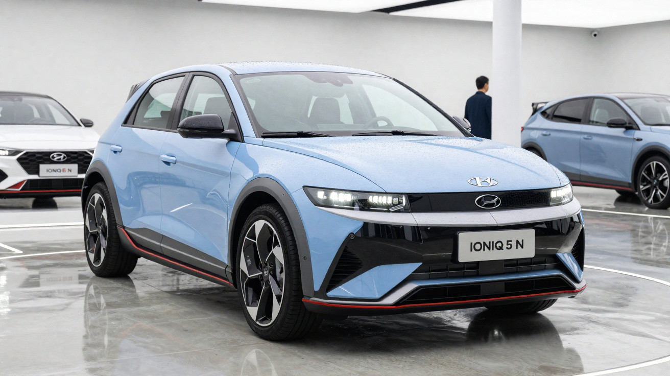 Hellblauer Hyundai Ioniq 5 N Elektroauto in moderner Ausstellungshalle mit reflektierendem Boden.