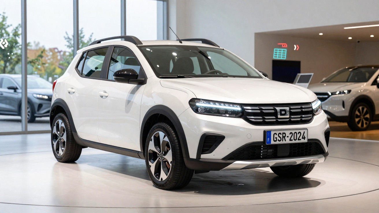 Weißer Kompakt-SUV mit schwarzem Dach und LED-Scheinwerfern in einem modernen Autohaus.