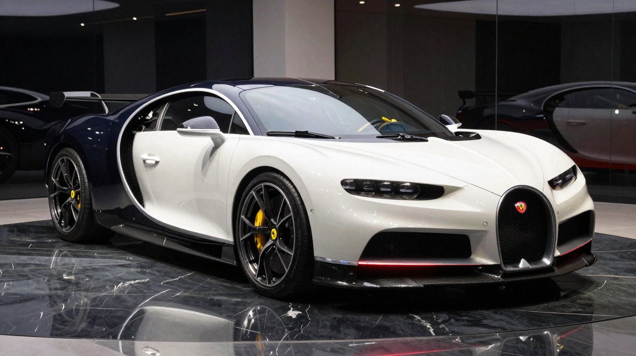Weißer und schwarzer Bugatti Chiron Supersport auf glänzendem Marmorboden in moderner Ausstellungshalle.