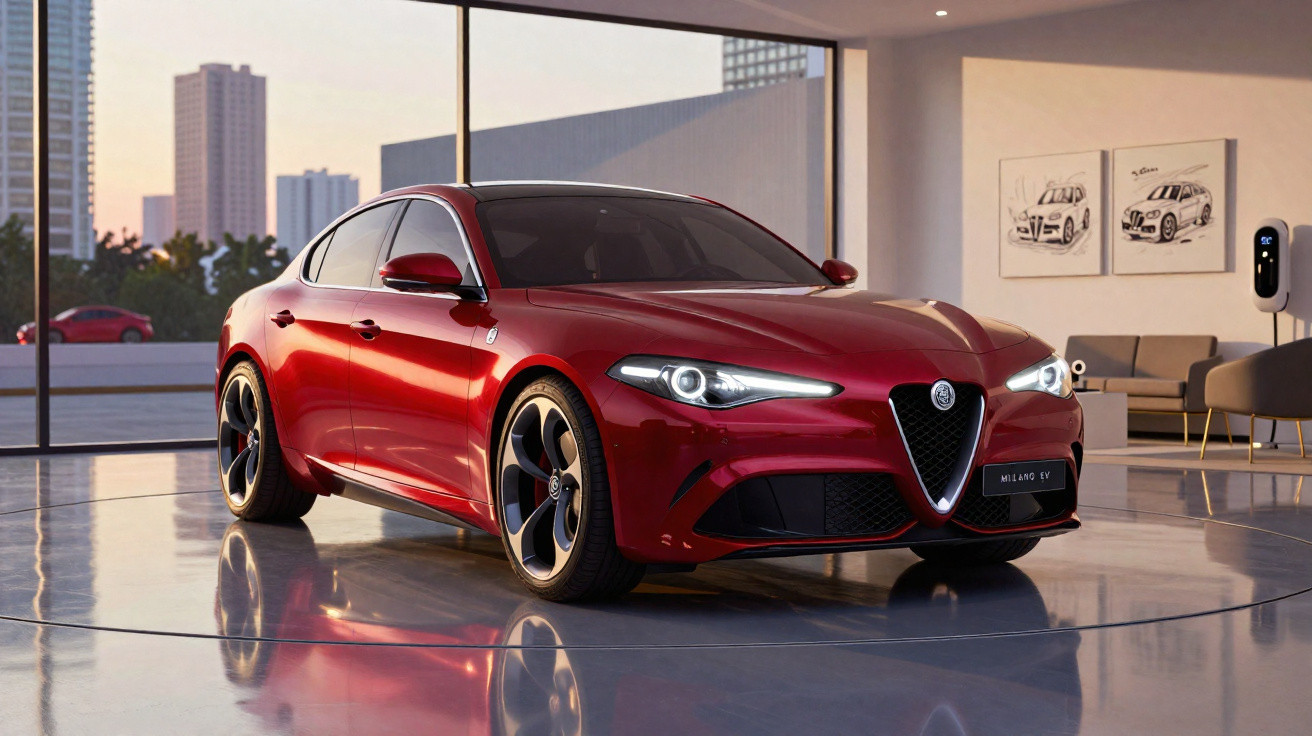 Roter Alfa Romeo Milano EV Sportwagen in modernem Showroom mit großer Fensterfront und Stadtblick.