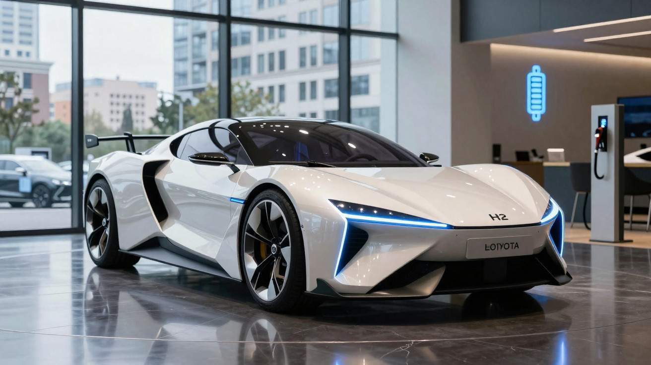 Weißer Toyota Sportwagen H2 mit futuristischem Design in Ausstellungshalle vor großer Glasfront stehend.