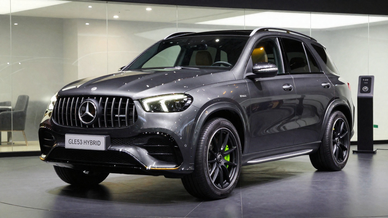 Grau schwarzer Mercedes GLE 53 Hybrid SUV mit LED-Scheinwerfern in einem modernen Ausstellungsraum.