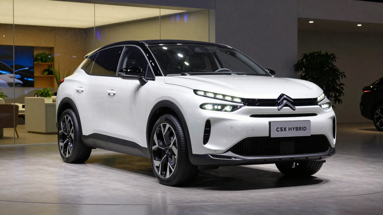 Weißer Citroën C5X Hybrid SUV in modernem Ausstellungsraum mit LED-Scheinwerfern und schwarzem Dach.