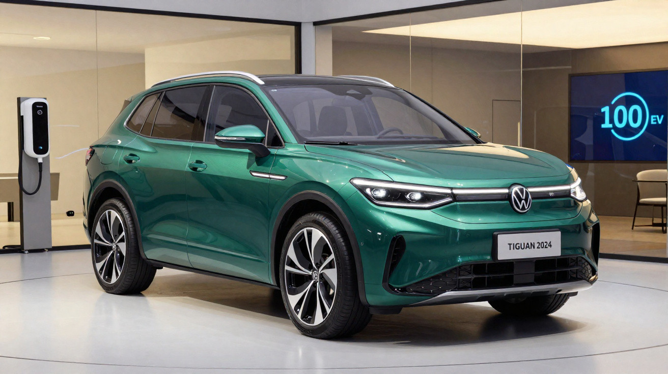 Grüner Volkswagen Tiguan 2024 Elektro-SUV, stehend in modernem Showroom neben Ladestation für E-Fahrzeuge.