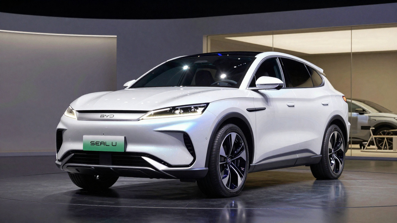 Weißes BYD Seal U Elektro-SUV auf Präsentationsbühne mit moderner, aerodynamischer Karosserie.