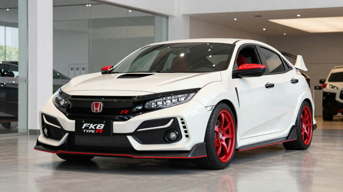 Weißer Honda Civic Type R mit roten Akzenten und speziellen Felgen in einem modernen Autohaus.