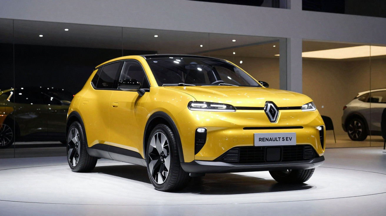 Gelber Renault 5 EV Elektro-Kompaktwagen in Ausstellungshalle auf beleuchtetem Podest stehend.
