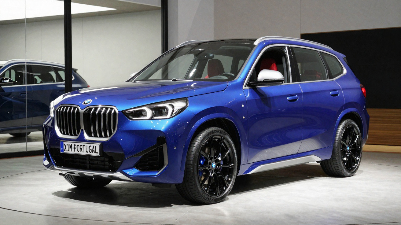 Blauer BMW X1 SUV mit schwarzem Dach und roten Innenraumdetails in hellem Ausstellungsraum.