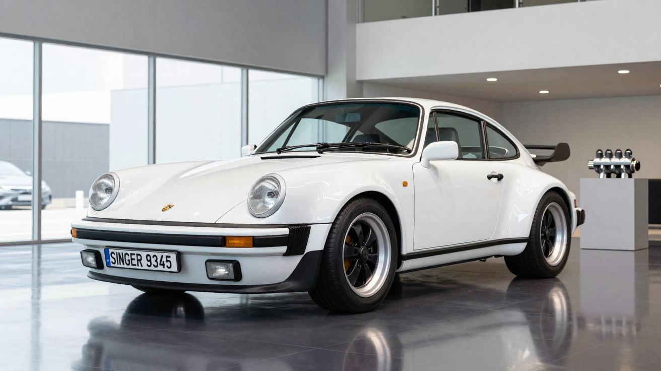 Weißer Porsche 911 mit schwarzem Spoiler in moderner Ausstellungshalle, seitliche Frontansicht.