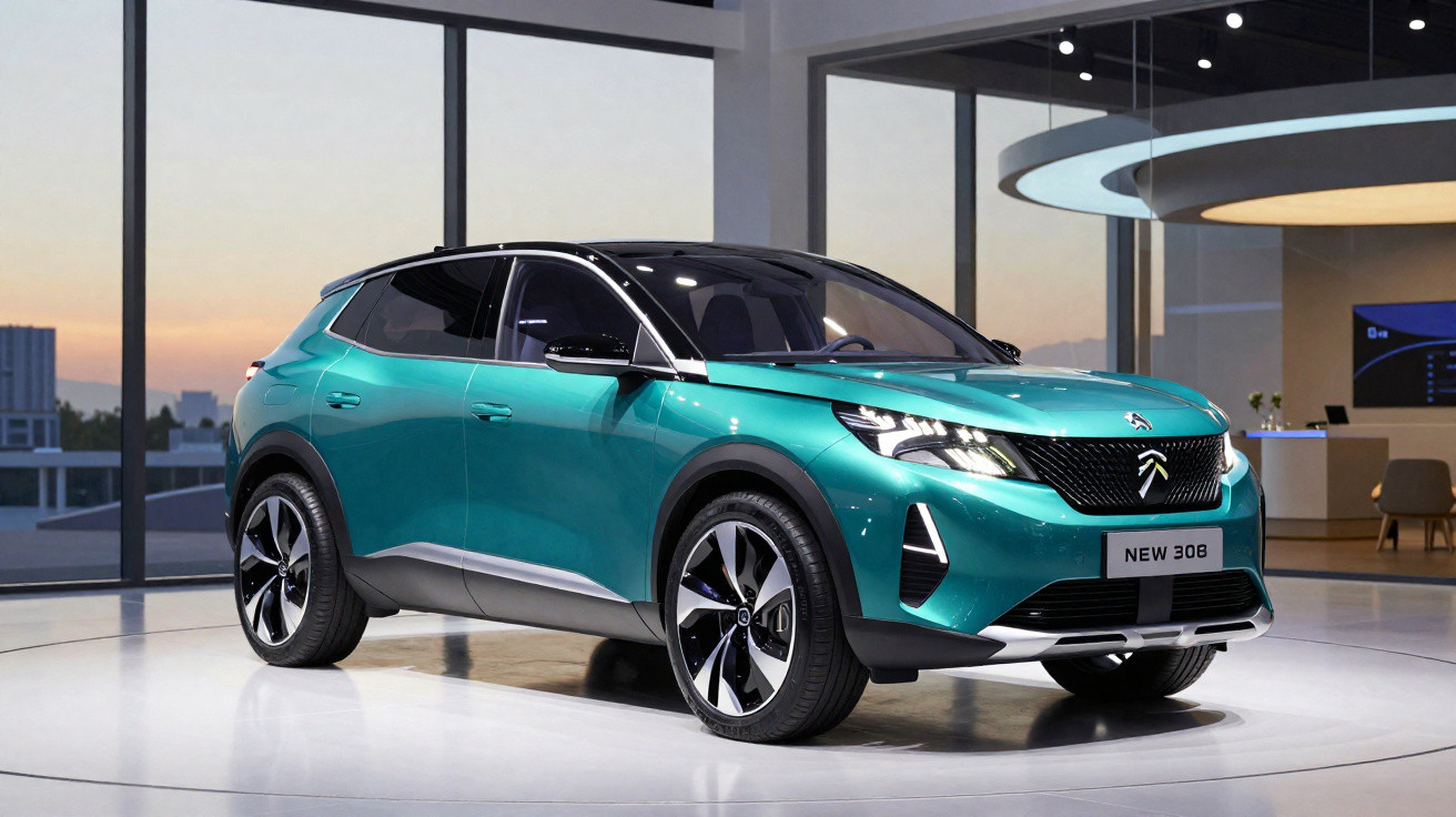Türkisfarbener Citroën New 308 SUV steht in einem modernen Ausstellungsraum mit großen Fenstern bei Sonnenuntergang.