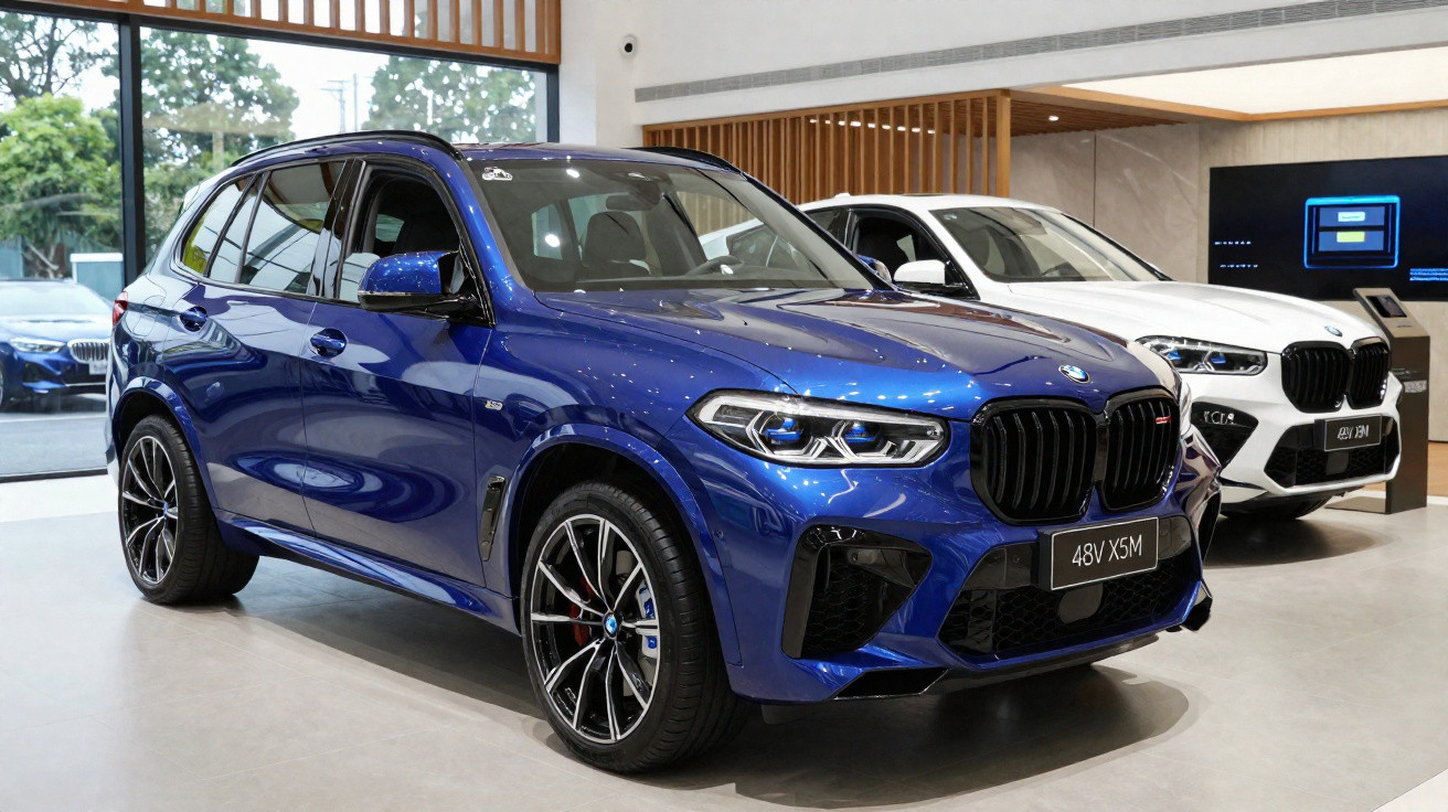 Blauer BMW X5 M SUV im Showroom neben einem weißen BMW X1.