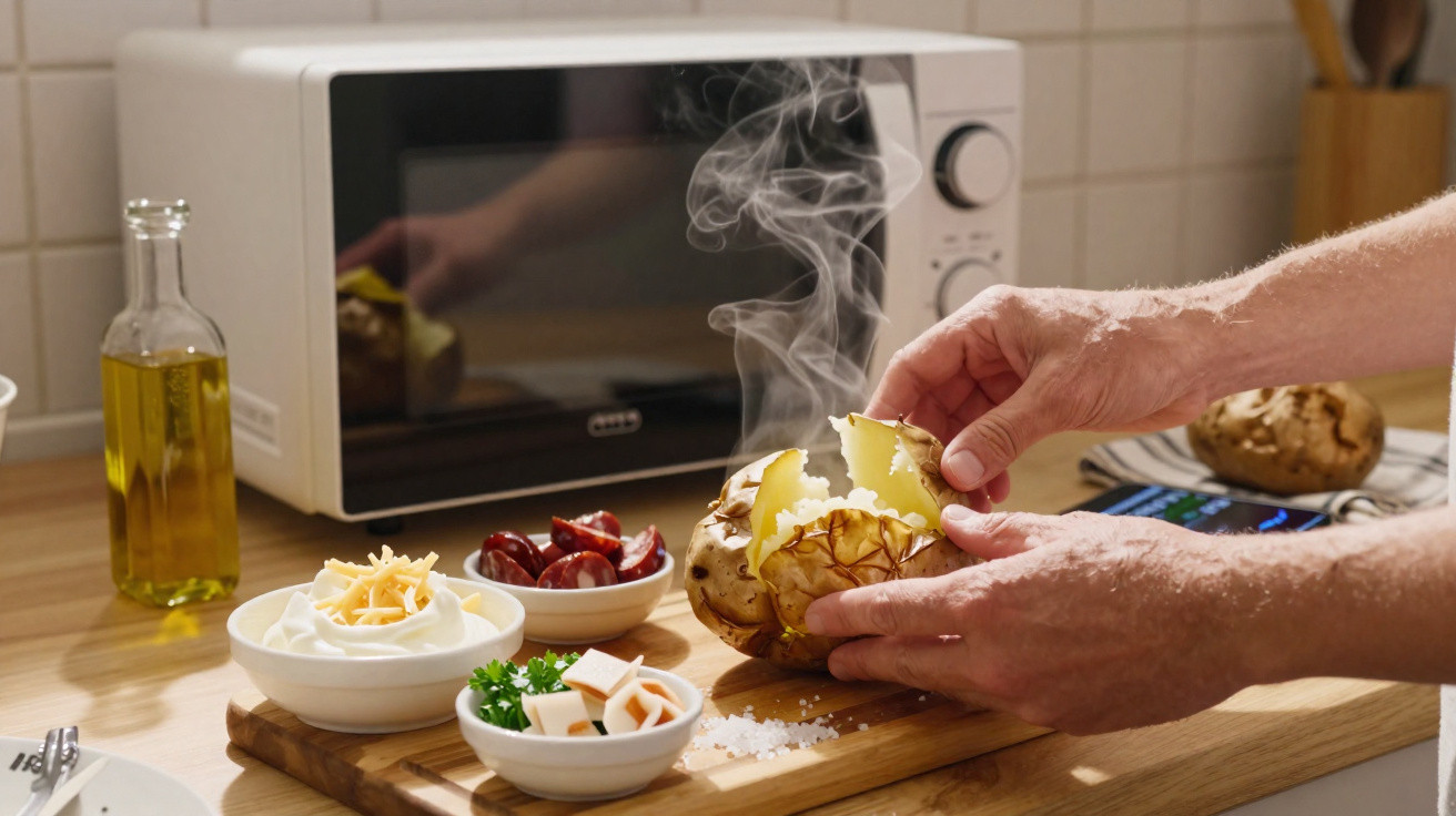 Dampfende Ofenkartoffel wird aufgeschnitten, umgeben von Schalen mit Zutaten und einer Mikrowelle im Hintergrund.
