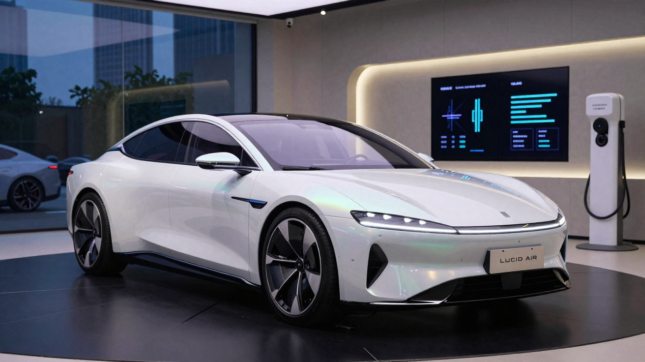 Weißes Lucid Air Elektroauto in modernem Showroom neben Ladestation und digitaler Anzeigetafel.