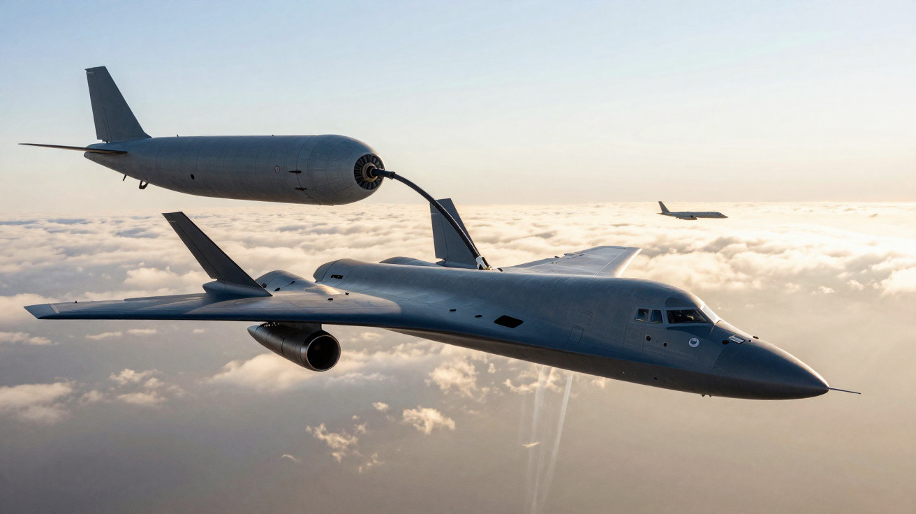 Militärisches Tankflugzeug füllt in der Luft den Treibstoff eines anderen Flugzeugs über Wolken nach.