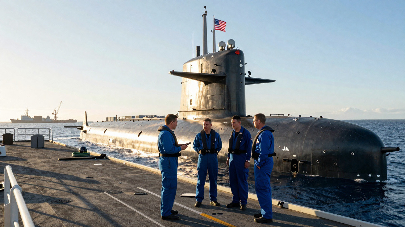 Vier Matrosen in blauen Uniformen stehen auf einem U-Boot-Ponton neben einem amerikanischen Atom-U-Boot.