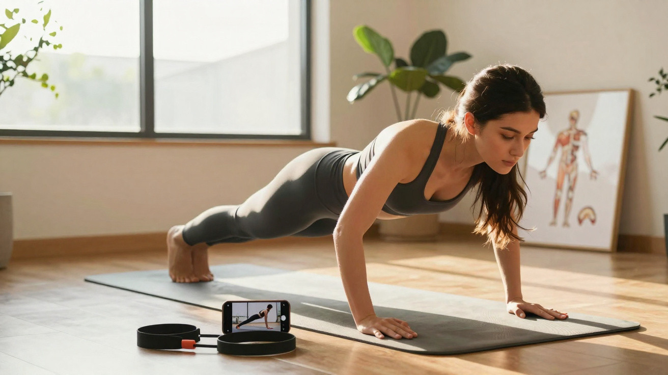 Frau macht Liegestütze auf Yoga-Matte im hellen Raum mit Smartphone und Pflanzen im Hintergrund.
