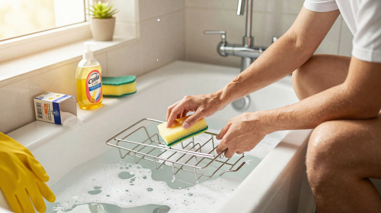 Person reinigt mit Schwamm und Seifenwasser ein Metallgestell in der Badewanne, gelbe Gummihandschuhe liegen daneben.