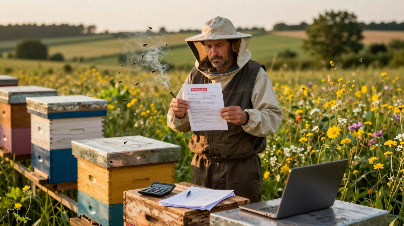 Imker mit Schutzkleidung liest Dokument neben Bienenstöcken in bunter Blumenwiese mit Laptop und Taschenrechner.
