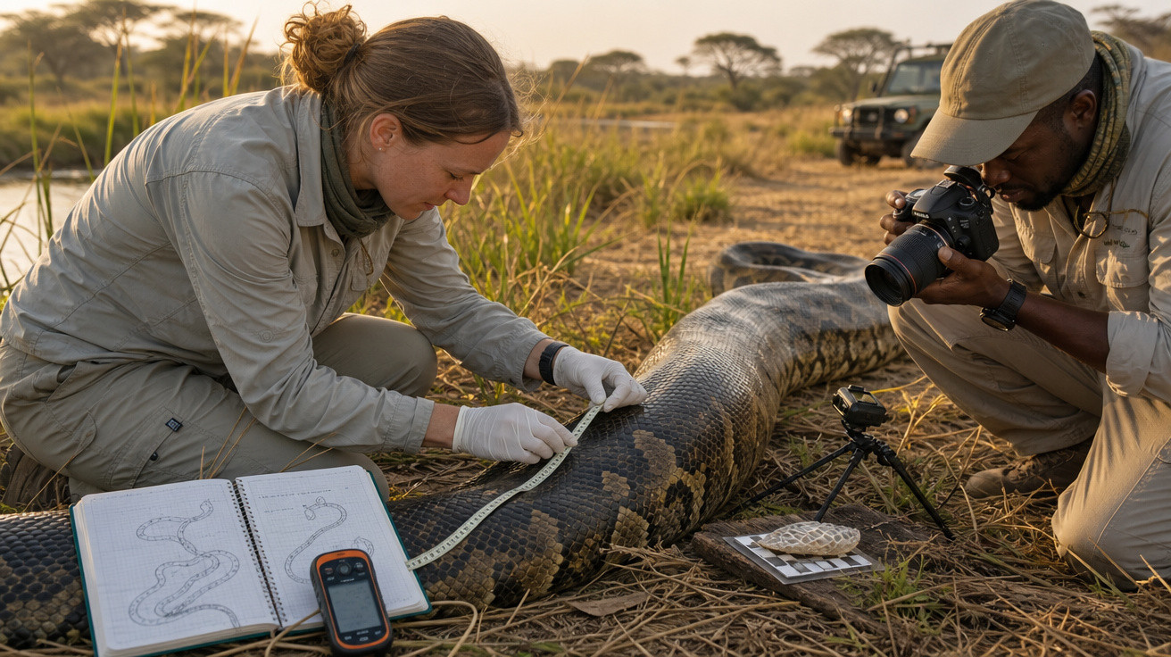 Feldforscher messen und fotografieren eine riesige Python in der afrikanischen Savanne beim Sonnenuntergang.