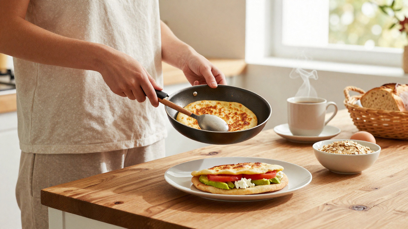 Person brät Pfannkuchen in einer Pfanne in heller Küche, daneben fertiger Pfannkuchen mit Gemüse auf Teller.
