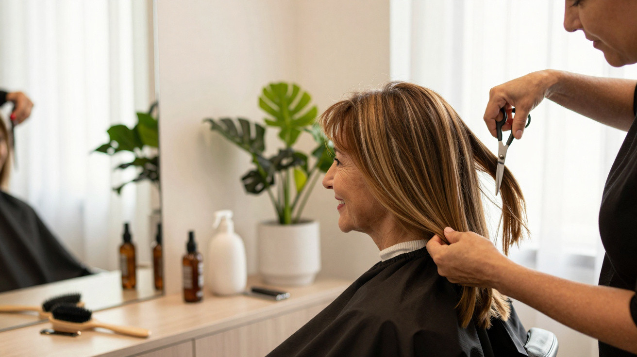 Frau bekommt im Friseursalon von Frisör die Haare geschnitten, Frisör hält Schere und Haarsträhne.
